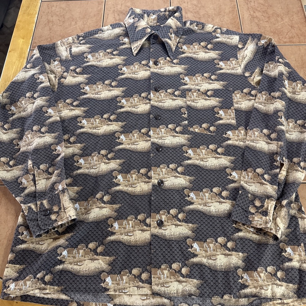 Vintage JC Penney Shirt Mens Sz Large All Over Print Disco 1970s Dagger Collar